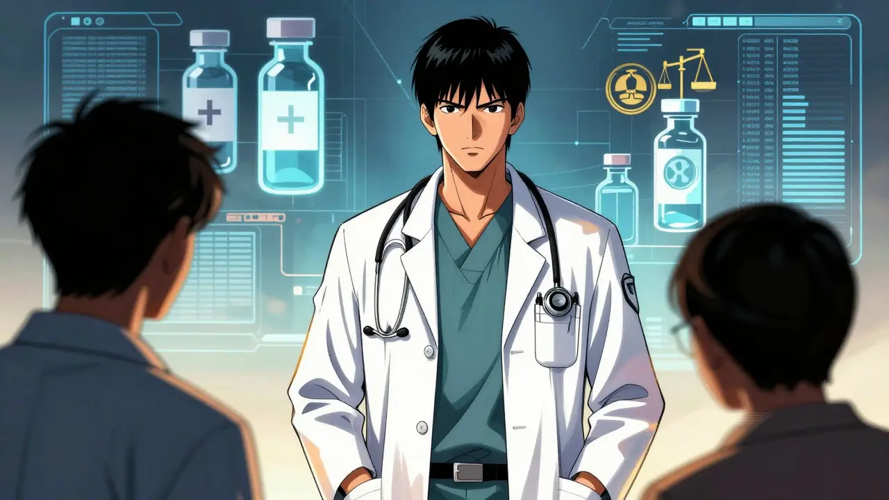 A determined healthcare agent advocating for a patient in a high-contrast anime style.