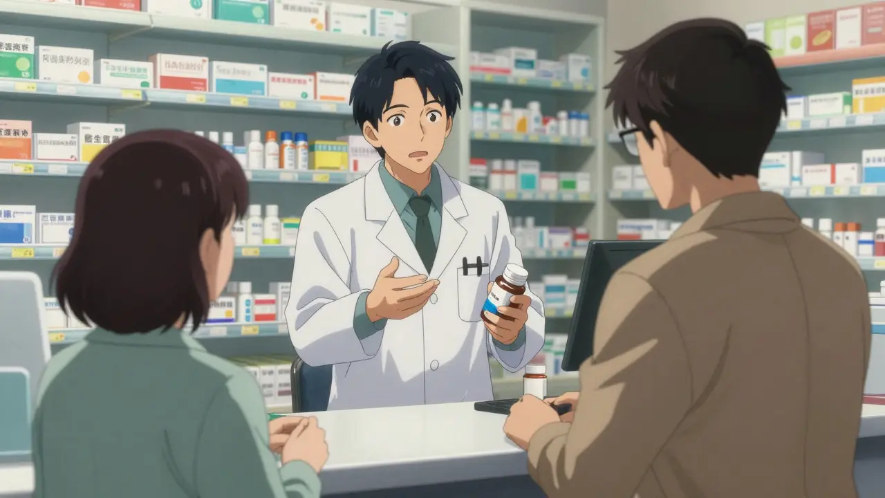 A pharmacist explaining medication details to a patient at a pharmacy counter.