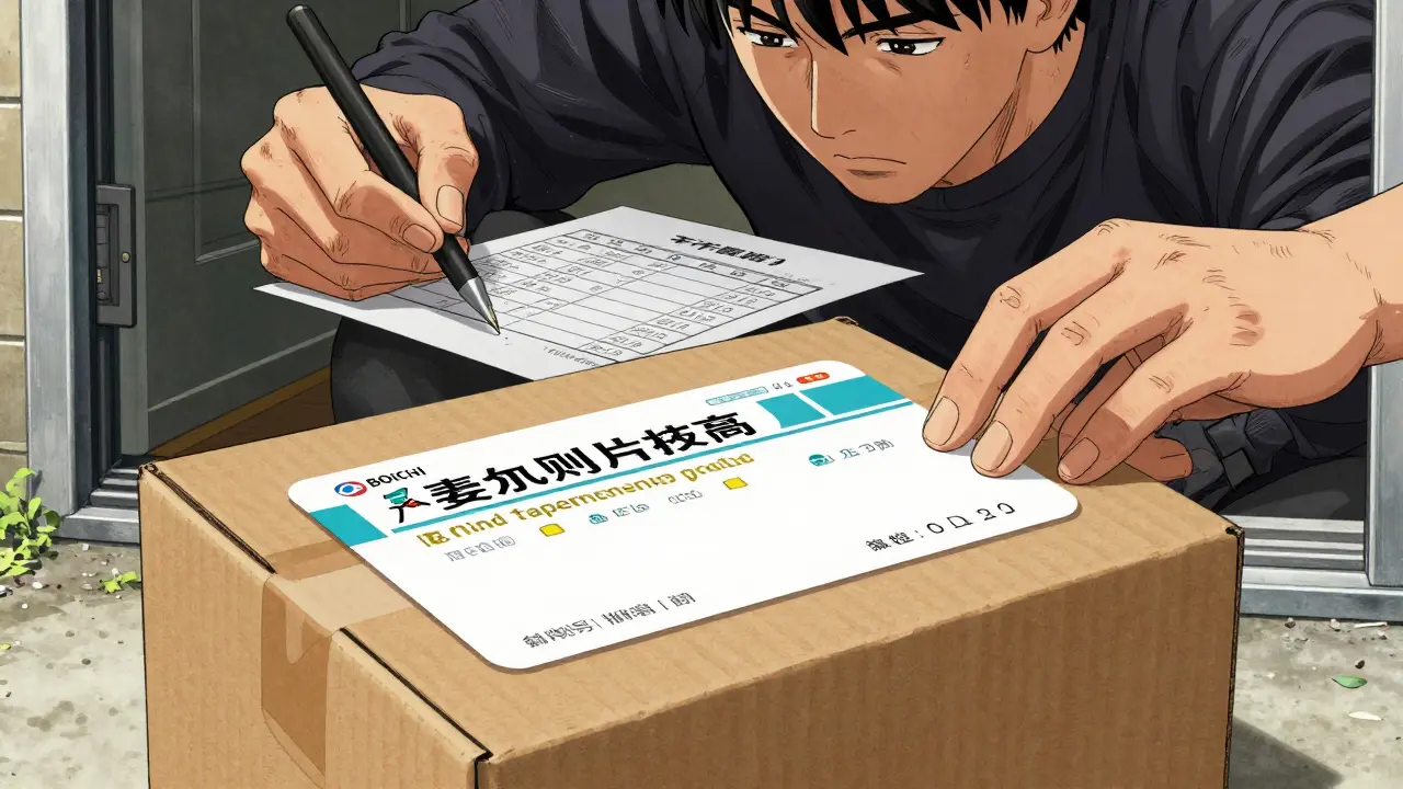 A pharmacy delivery box and a patient reviewing medication instructions in anime style.