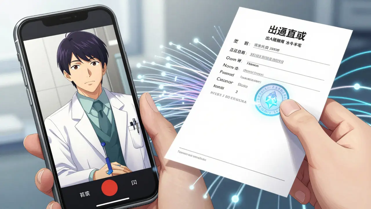 A telehealth consultation and a digital prescription being transmitted in manga style.