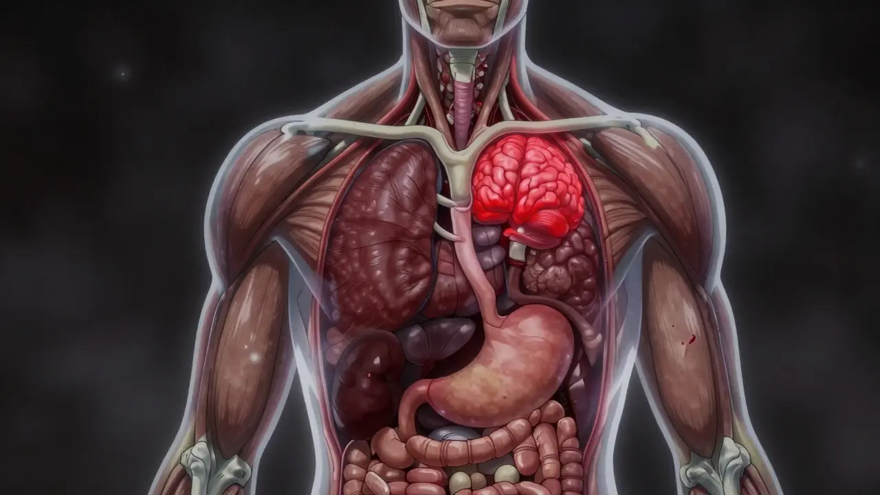 Anatomical silhouette highlighting high-risk bleeding areas in the brain, stomach, and kidneys.