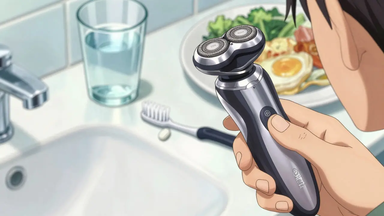 Close-up of an electric shaver and soft toothbrush, representing safety habits for blood thinner users.