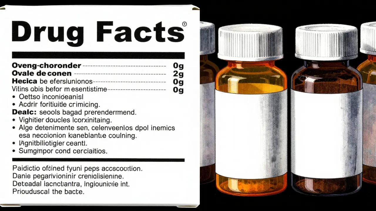 Comparison between a standard OTC drug box and a pharmacy prescription bottle.