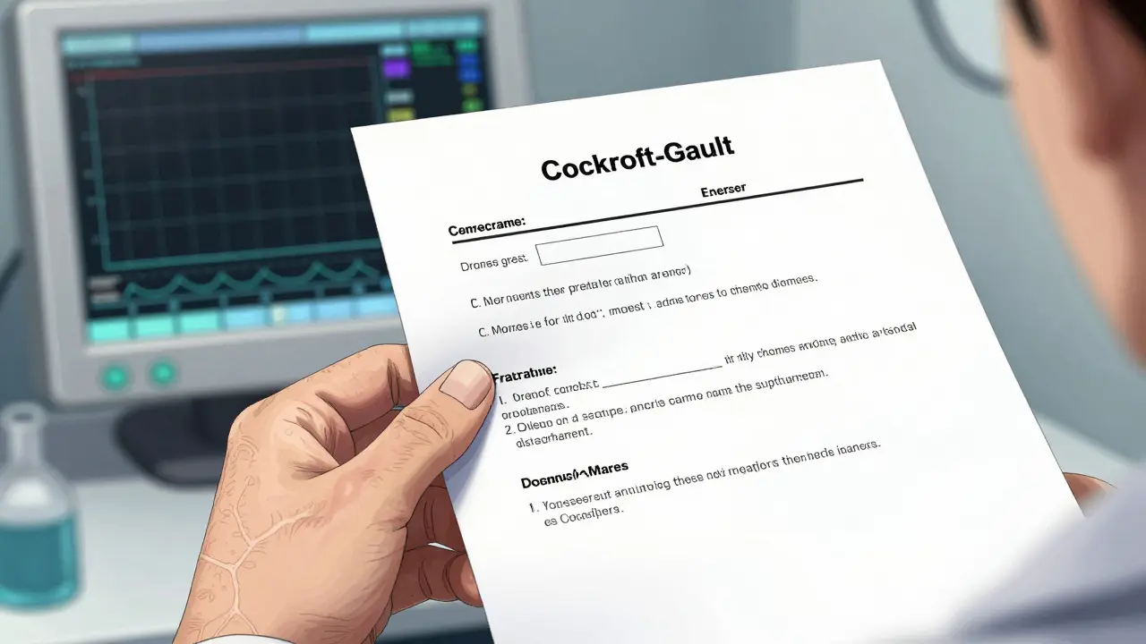 Detailed close-up of a doctor reviewing a renal dosing formula on a lab report