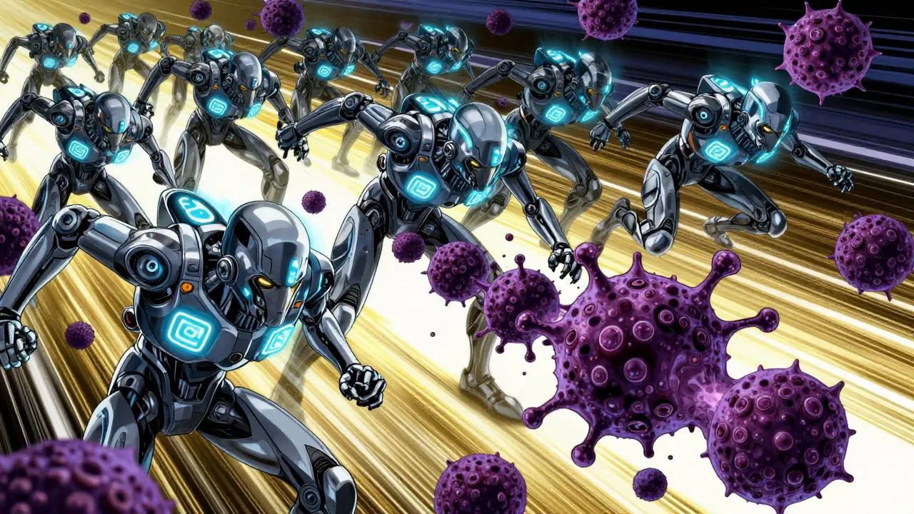 Futuristic modified T-cell warriors attacking cancer cells in a dynamic Boichi anime style.