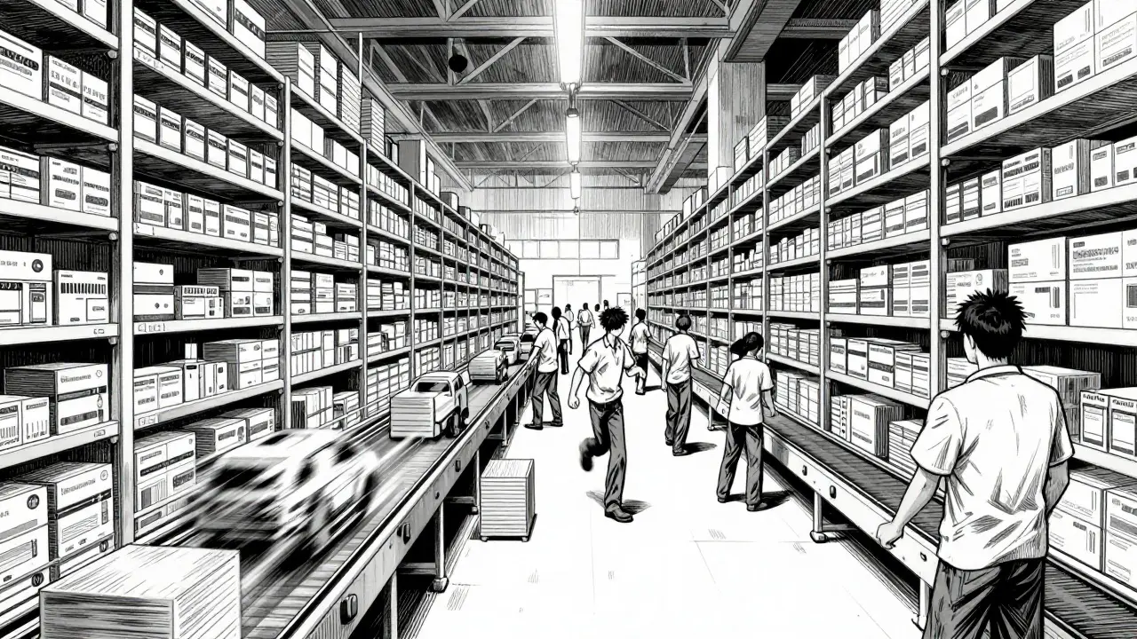 High-speed conveyor belts moving medicine boxes in warehouse