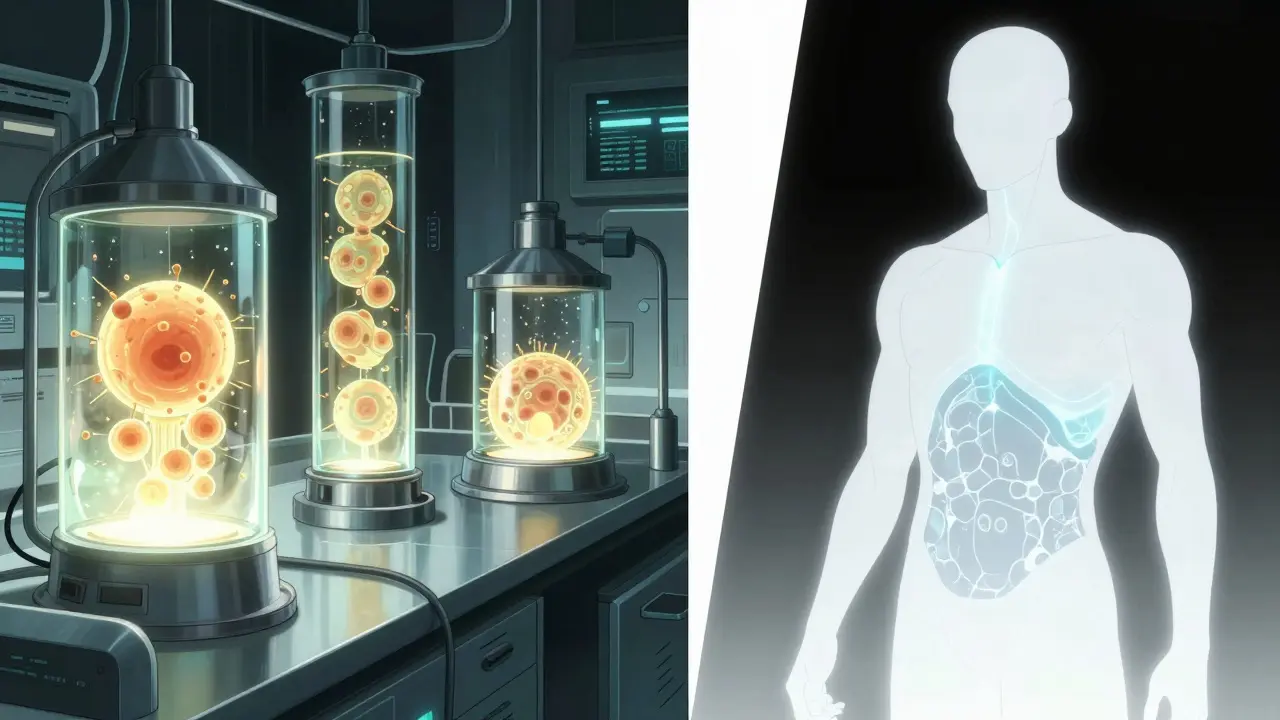 High-tech laboratory and a patient receiving cellular therapy in a detailed manga aesthetic.