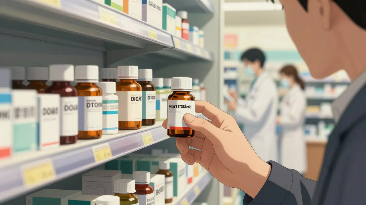 Patient selecting generic medication from a pharmacy shelf