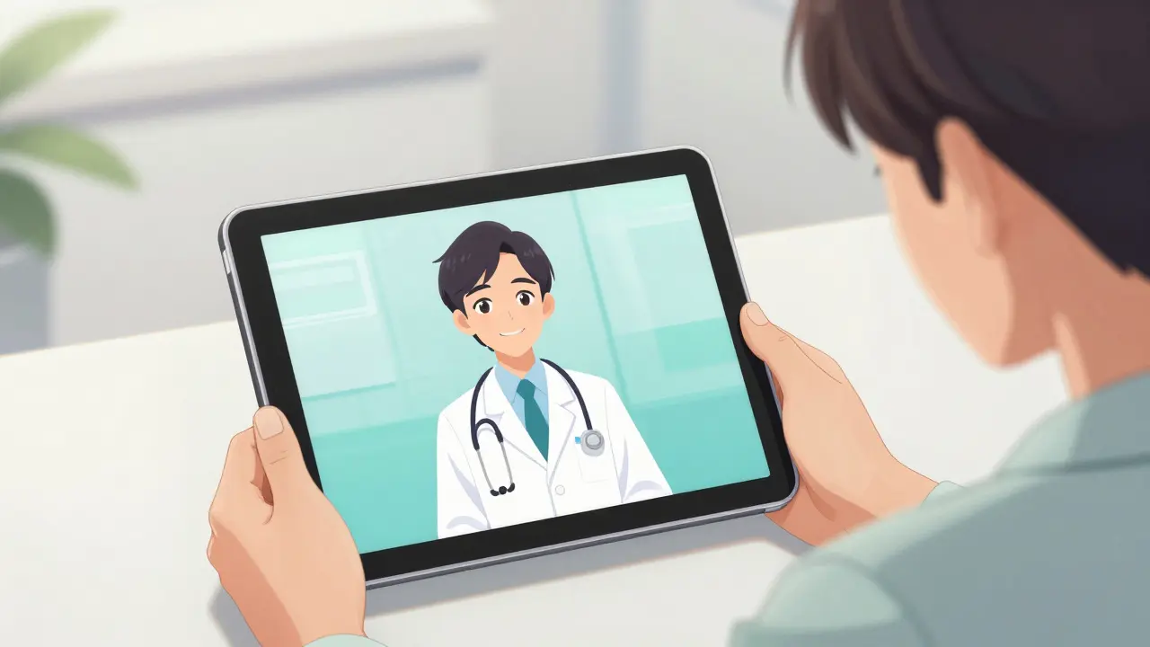 Person having a telemedicine video consultation with a doctor on a tablet.