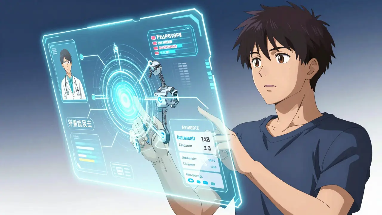 Person using a holographic interface for automated pharmacy savings in futuristic Boichi anime style.