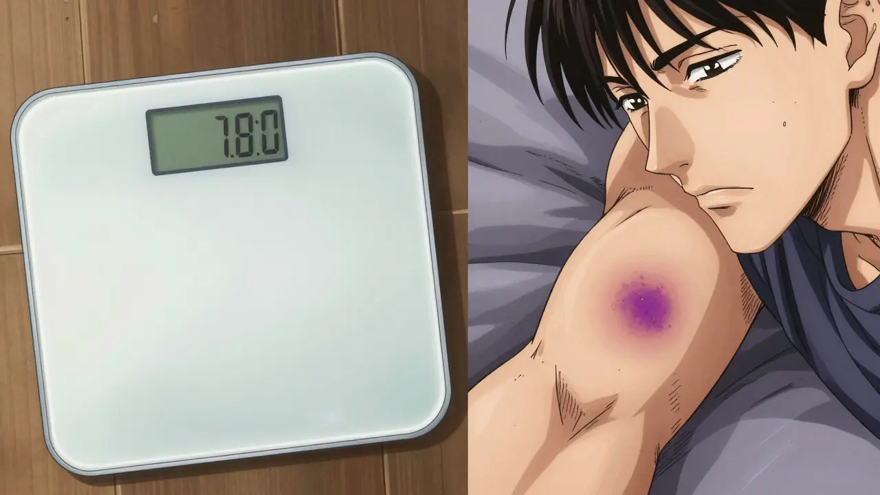 Split screen showing a medical scale and a bruise on an arm for health monitoring