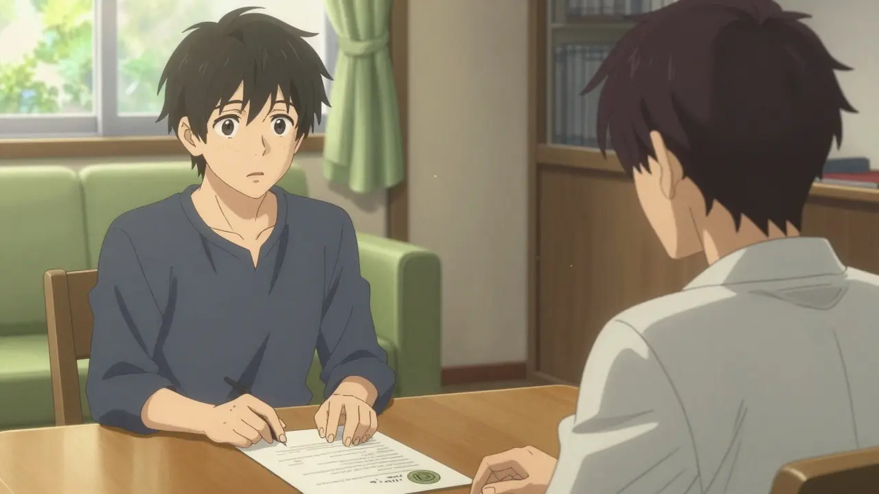 Two people having a calm conversation about a medical legal document in a detailed anime style.