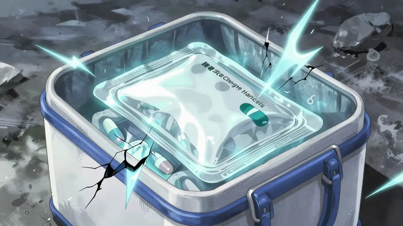 Anime illustration of insulated medicine packaging resisting heat waves in transit.