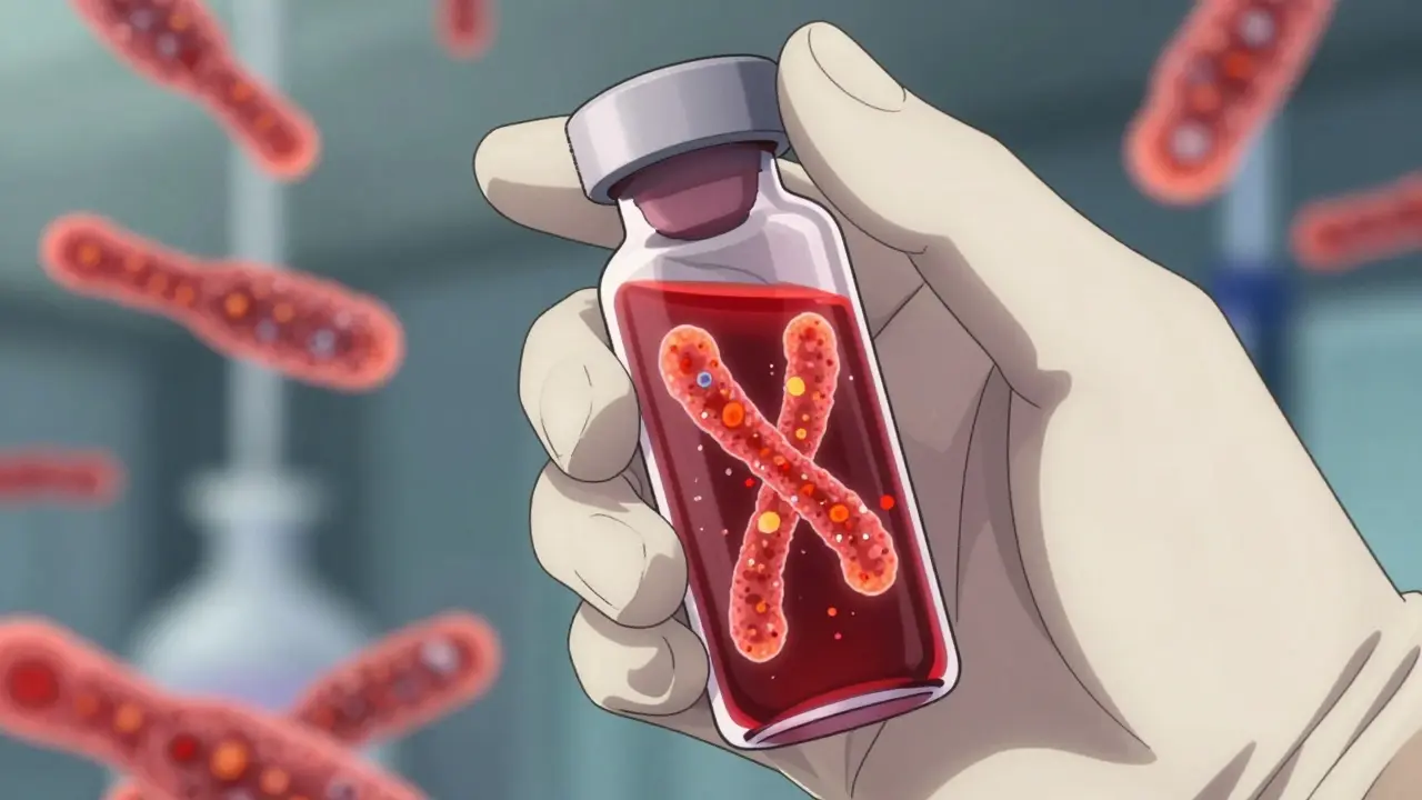 Blood vial with glowing protein visualization symbolizing biomarker testing