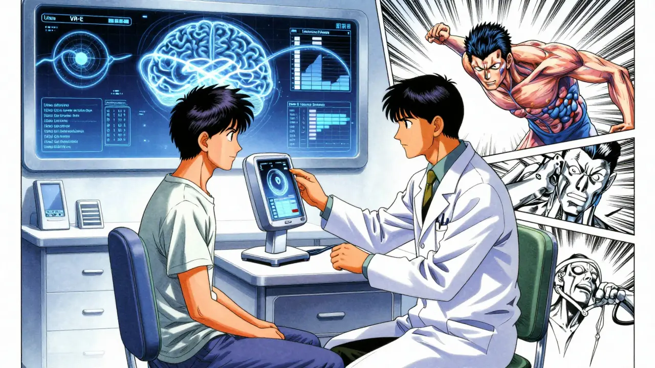 Doctor explaining digital cognitive screening with abstract data visuals