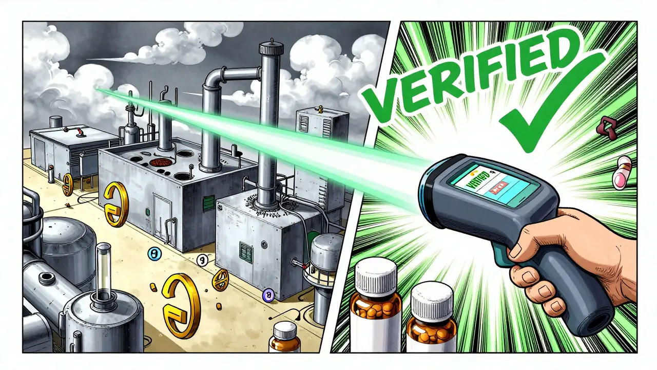 Dynamic manga scene of pills being scanned and verified in a pharmacy.