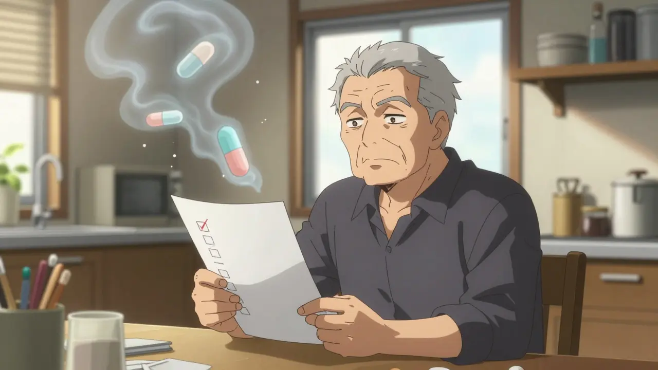Elderly person confidently reviewing medication list with dissolving pill ghosts.