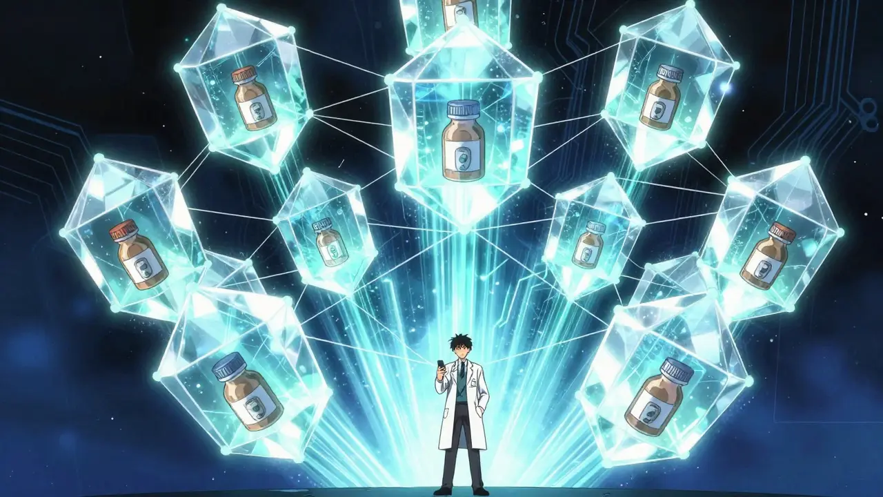 Futuristic blockchain network securing medicine supply chain visually.
