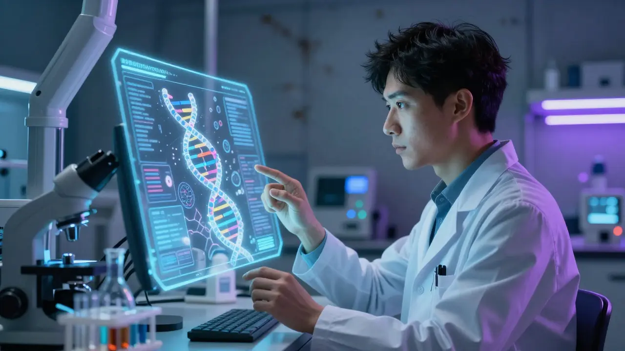 Futuristic lab scene with holograms, representing modern drug safety monitoring technology.