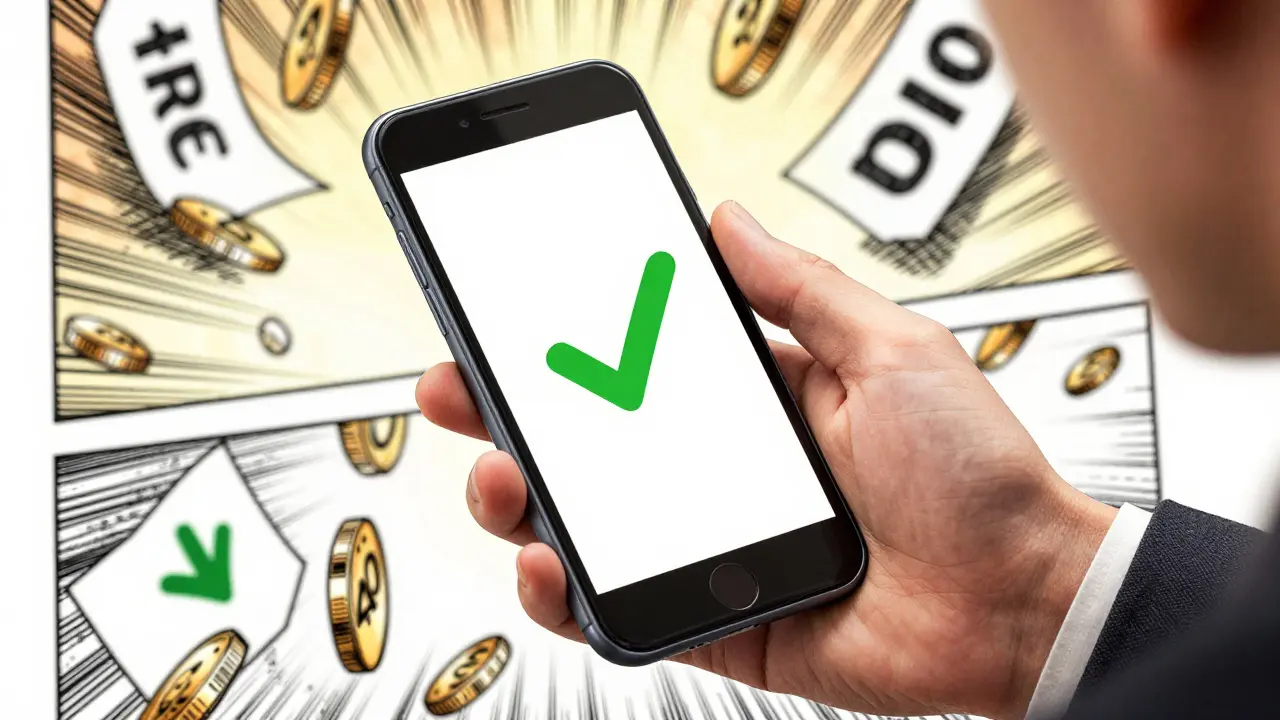 Hand holding phone with coupon app showing savings on medication