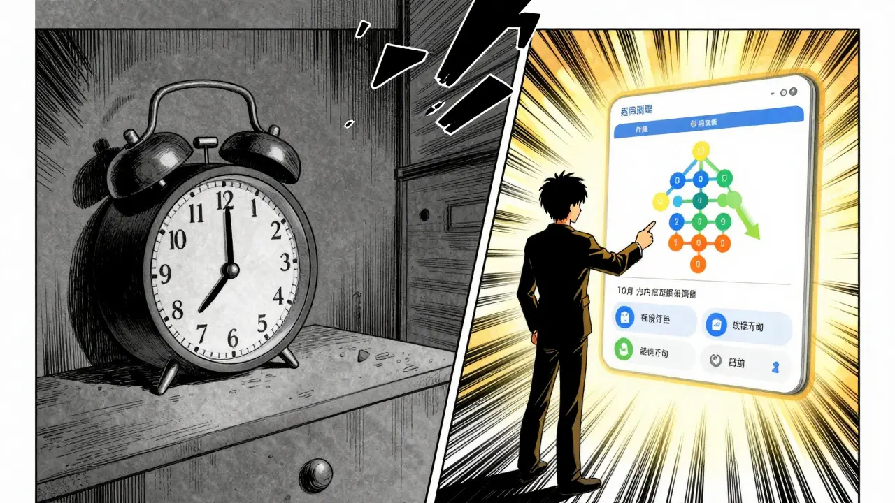 Manga art comparing chaotic alarm clock with organized smart medication app interface.
