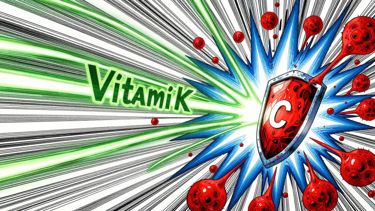 Manga art showing PCC and Vitamin K merging to stop bleeding