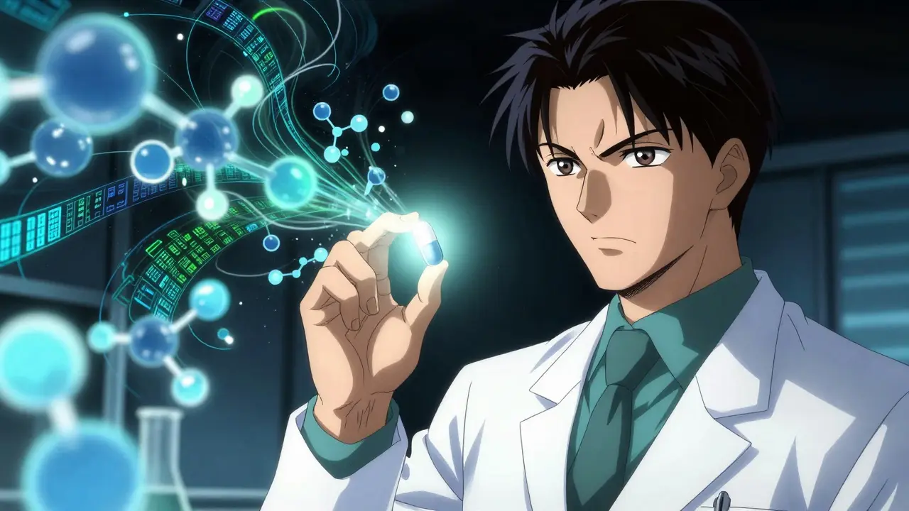 Manga-style artist depicts a pharmacist holding a glowing generic pill for quality control.