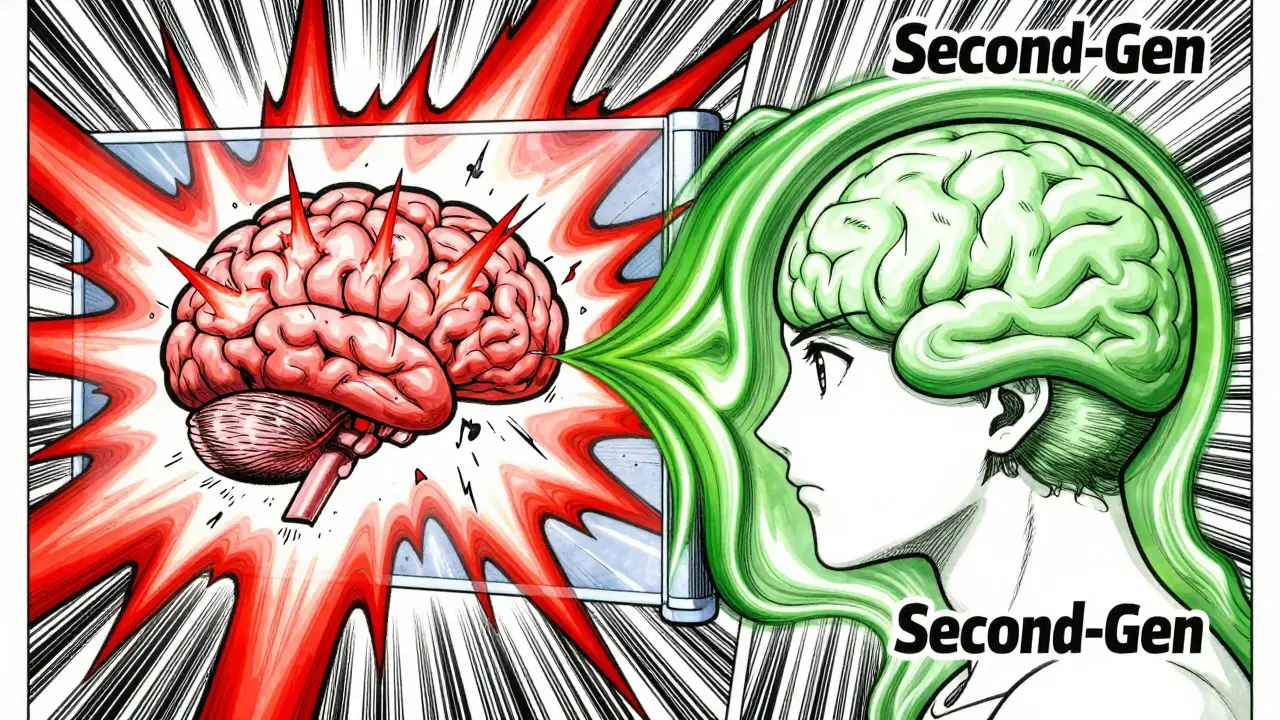 Manga style comparison of aggressive vs safe antihistamine effects on the brain.