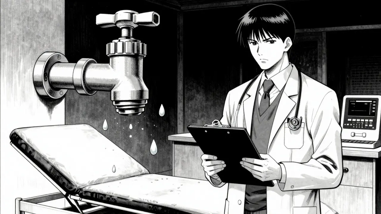 Manga style doctor turning off a tap to symbolize stopping medication for dechallenge.
