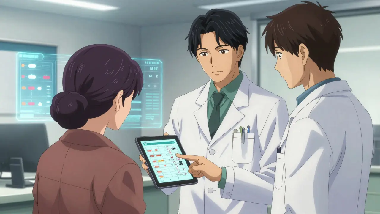 Pharmacist and patient reviewing medication schedule timeline on a tablet device.