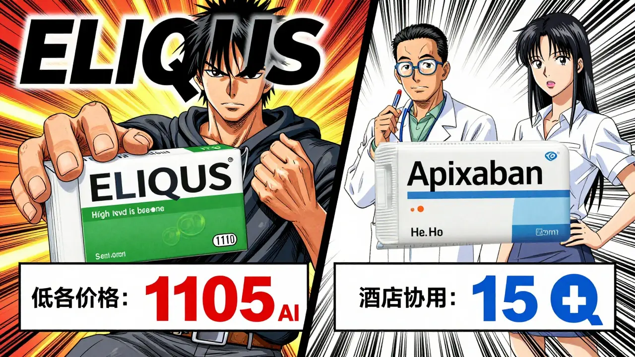 A dynamic Boichi-style manga comparison scene contrasting expensive brand-name Eliquis with cost-effective generic apixaban, featuring bold lines, dramatic shading, and vibrant colors to highlight financial savings.