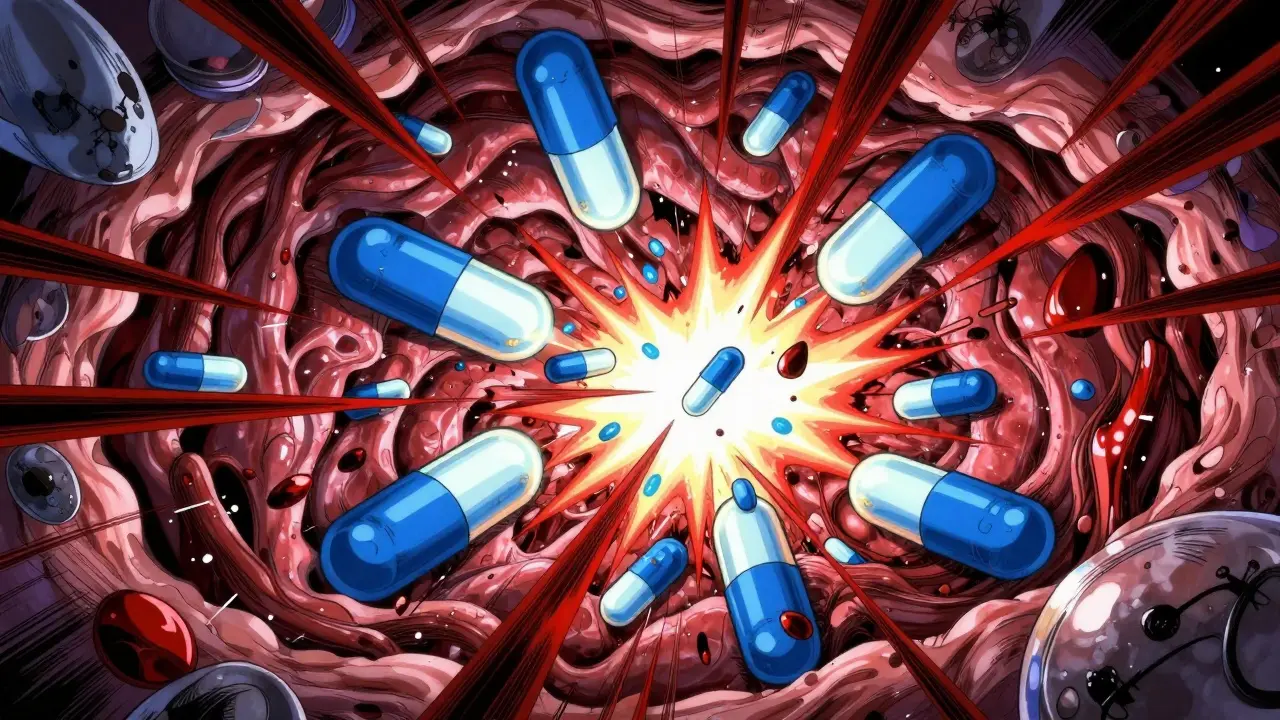 Abstract violent collision of pills representing drug interactions