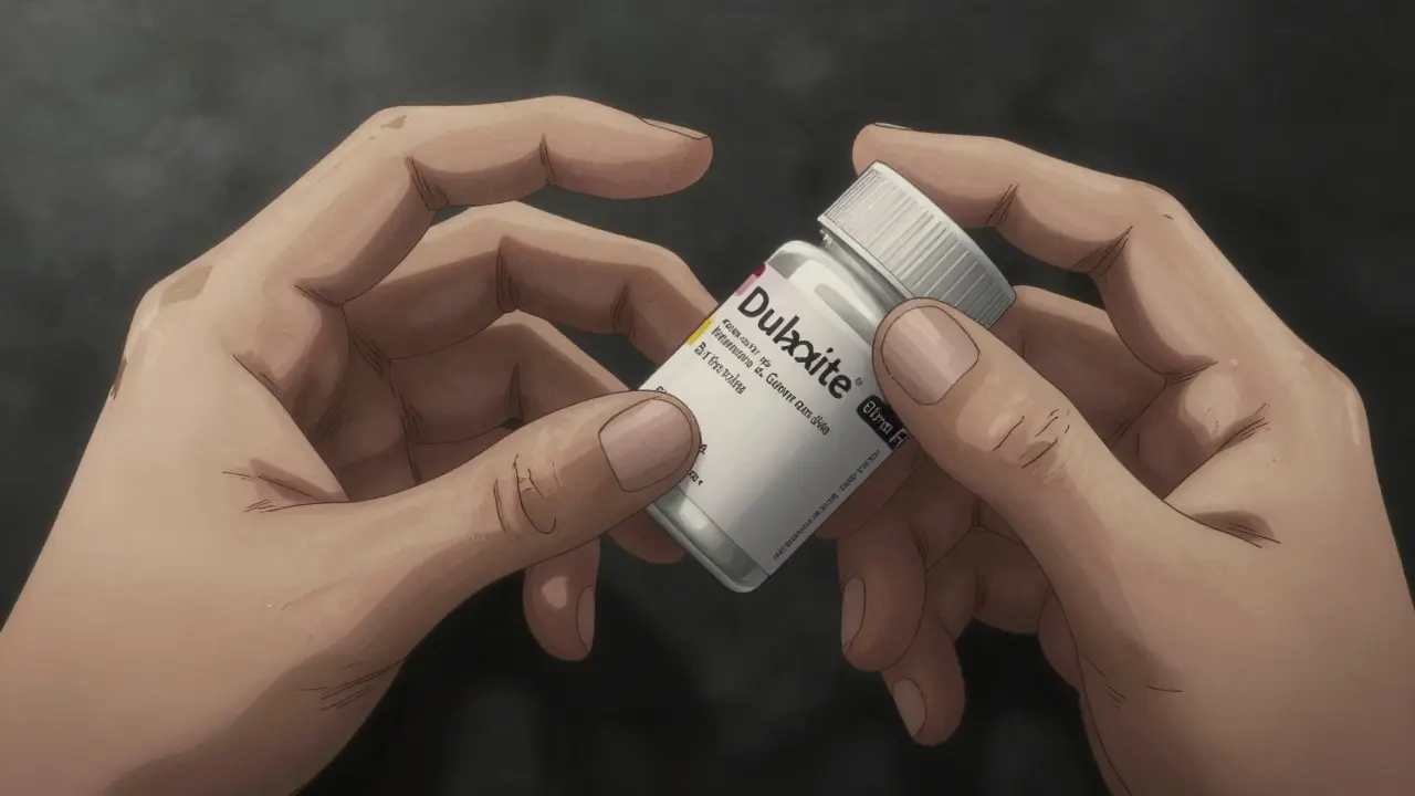Close up of hands checking generic pill bottle