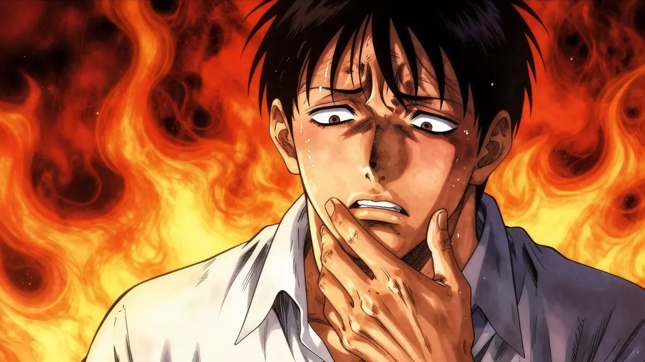 Close-up of sweating patient holding sore throat with red fever aura in background