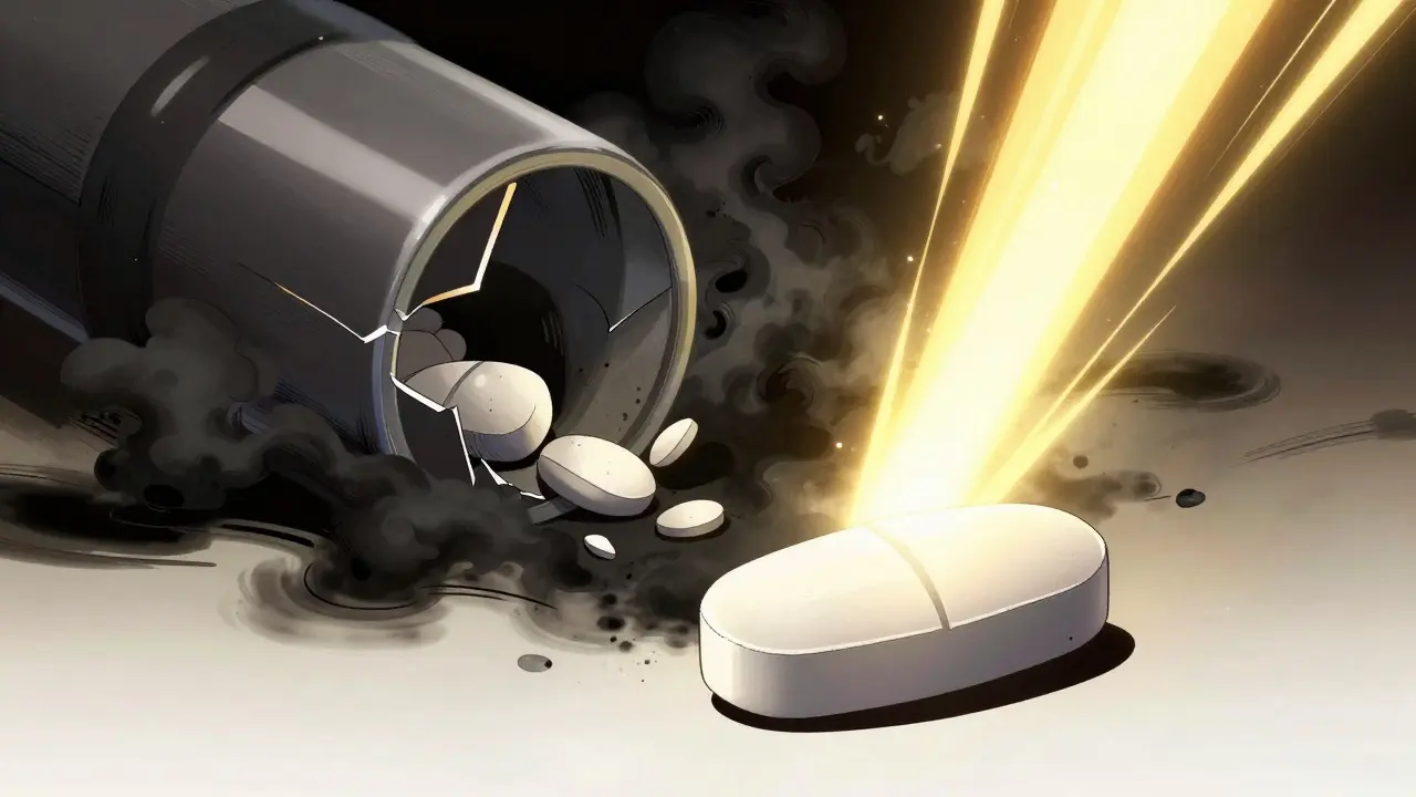 Dynamic anime art showing an intact pill vs a crushed one, with light symbolizing naloxone.