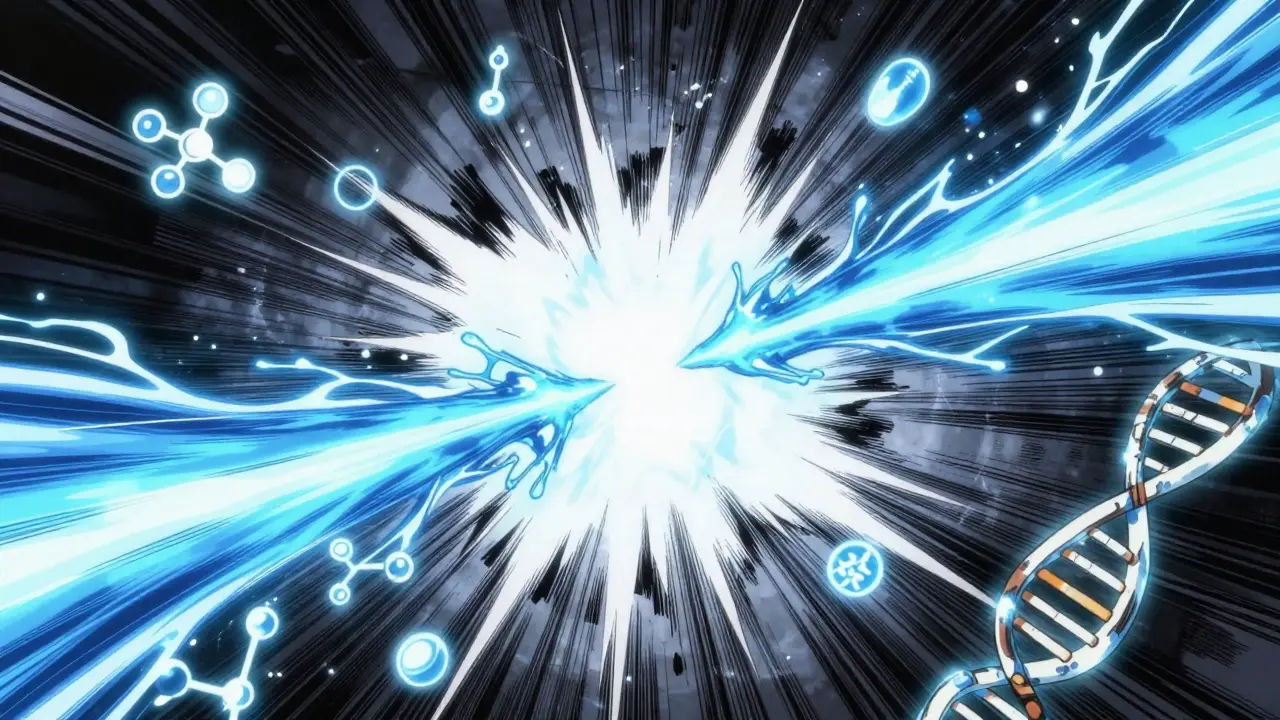 Glowing energy streams merging to symbolize drug bioequivalence in anime art.