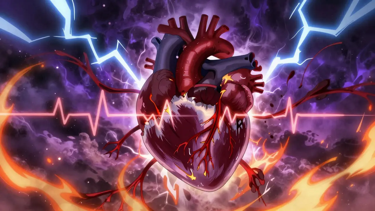 Heart silhouette with energy waves symbolizing cardiac risk factors