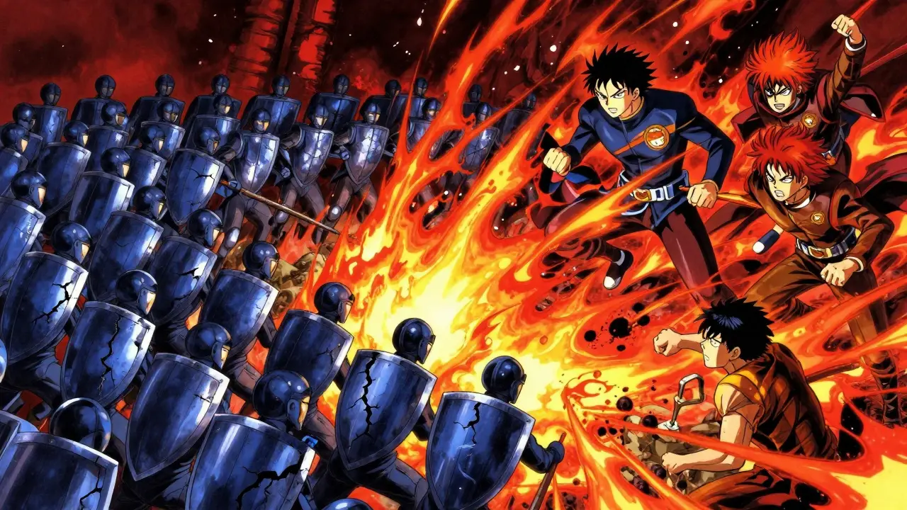 Immune system battle scene with fire and shields in manga art