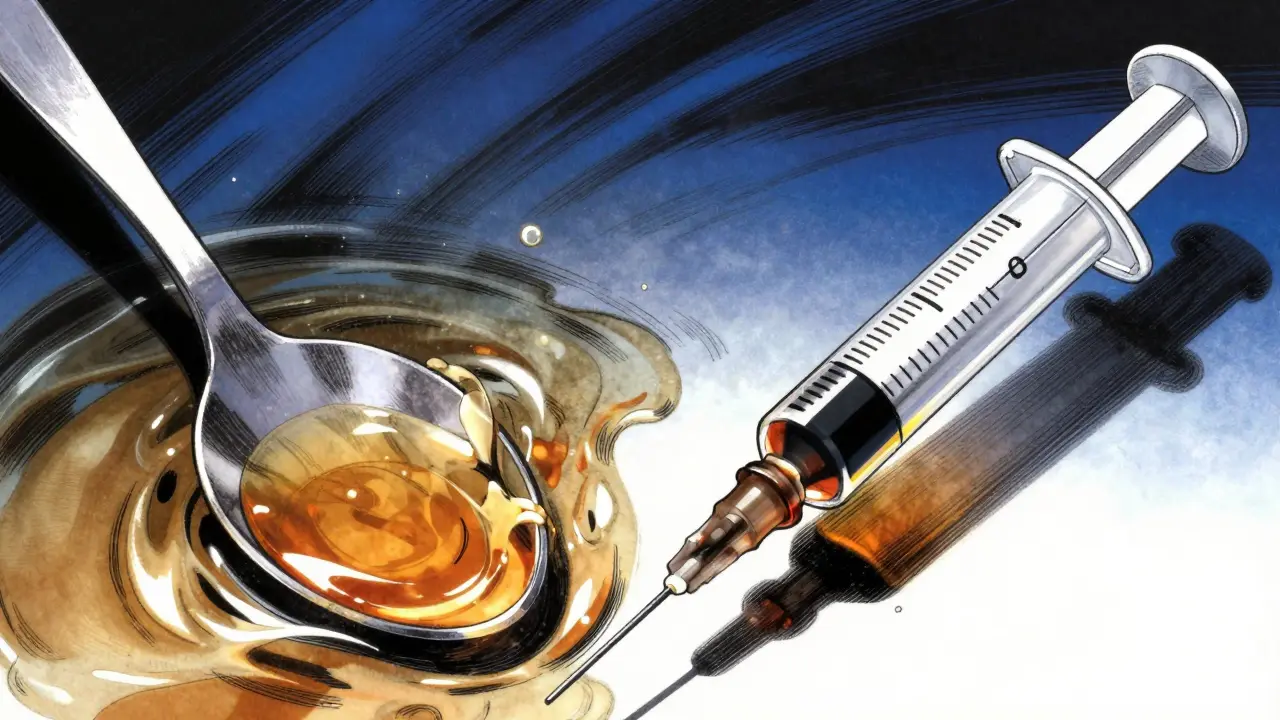 Manga style contrast between a kitchen spoon and a precise medical syringe for dosing.