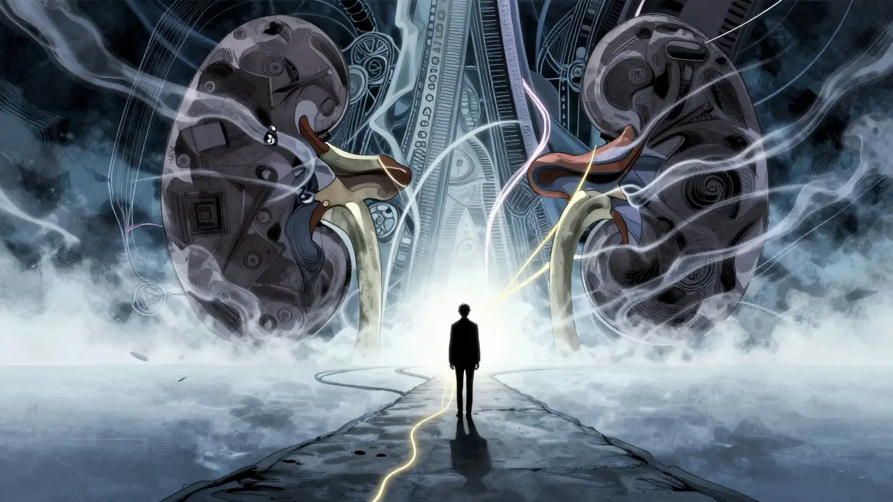 Patient navigating the complex transplant waitlist path in manga art