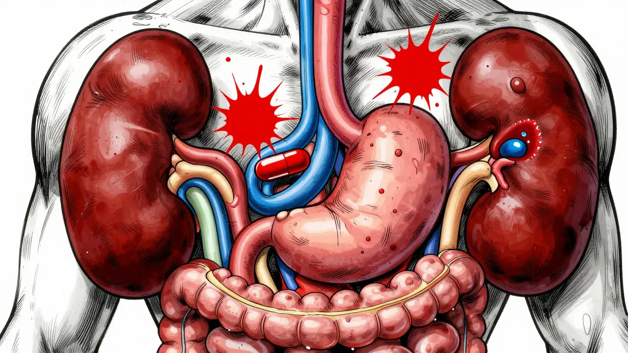 Stylized stomach and kidneys showing bleeding and filtration risks