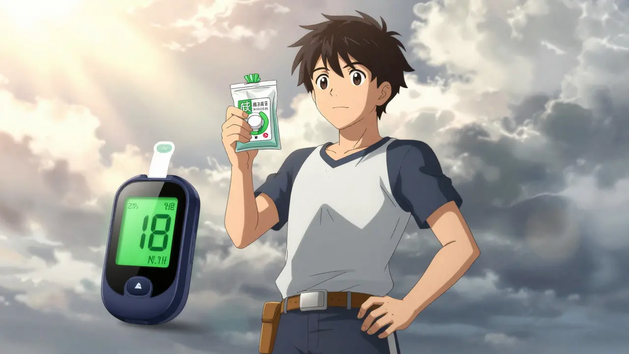 Anime character holding glucose snacks and CGM device, standing confidently against storm.