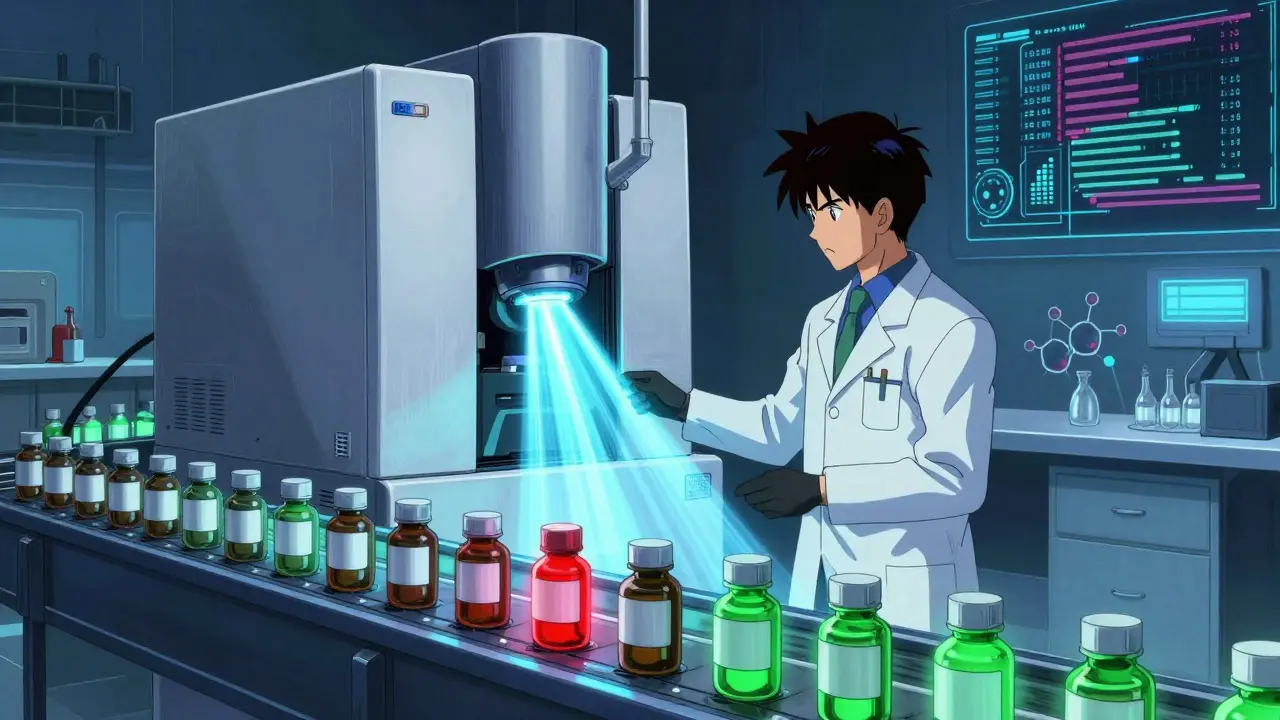Boichi style scientist monitoring advanced drug testing machinery