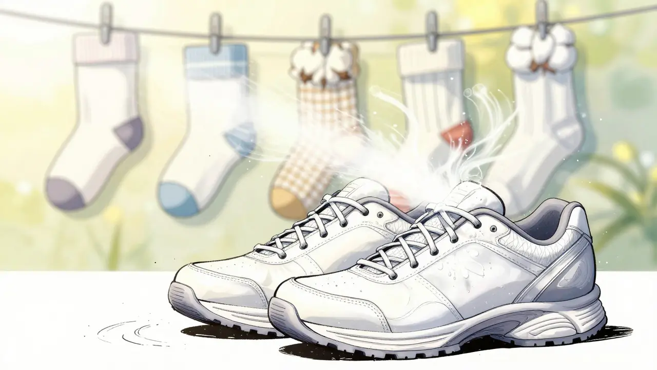 Clean shoes and socks with swirling powder mist, bright lighting