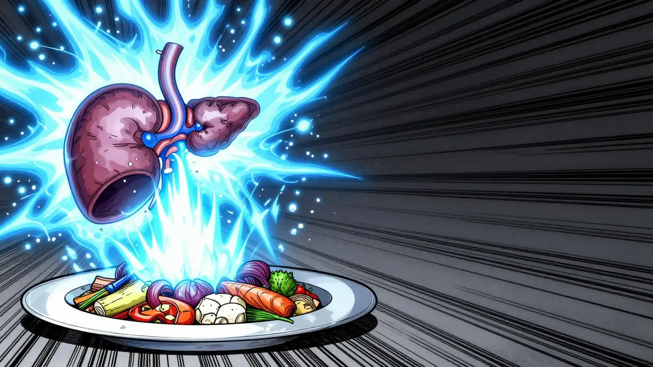 Dynamic manga art showing insulin surge meeting empty plate, symbolizing missed meal risk.