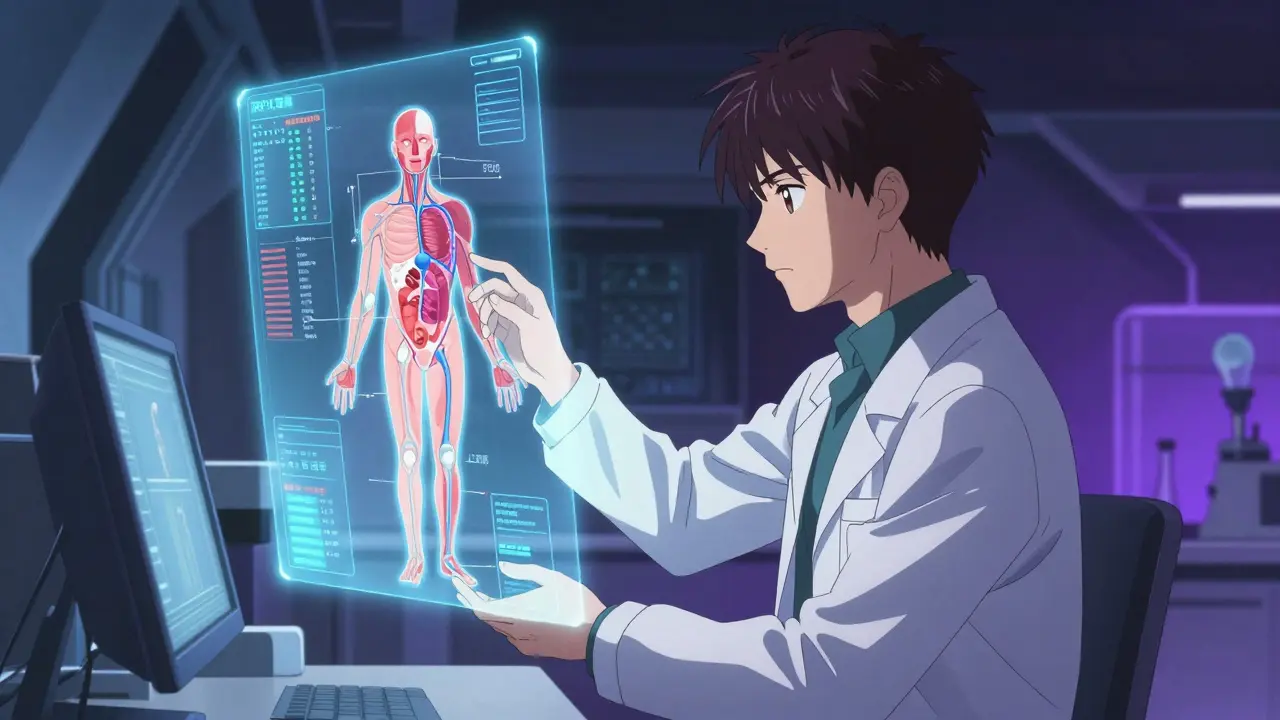 Futuristic anime scene of computer-based drug simulation in a lab