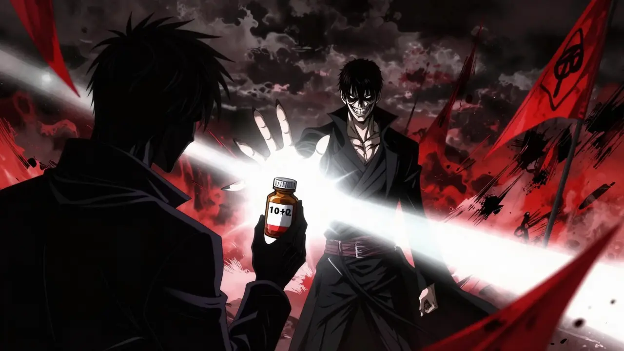 Hero rejecting shady vendor offering fake pills in dramatic manga art