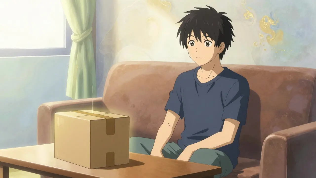 Man relaxing with discreet medication package in peaceful anime scene