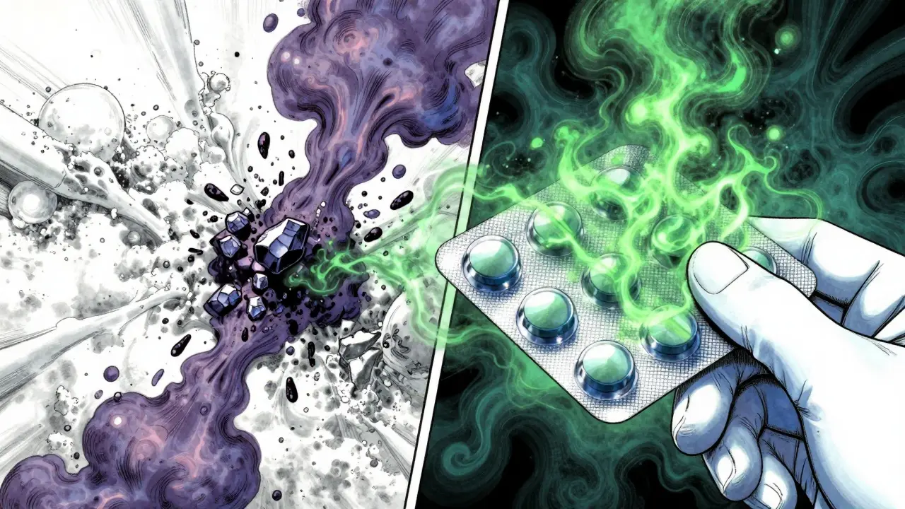 Manga art showing chemical reaction forming toxins in pill packaging