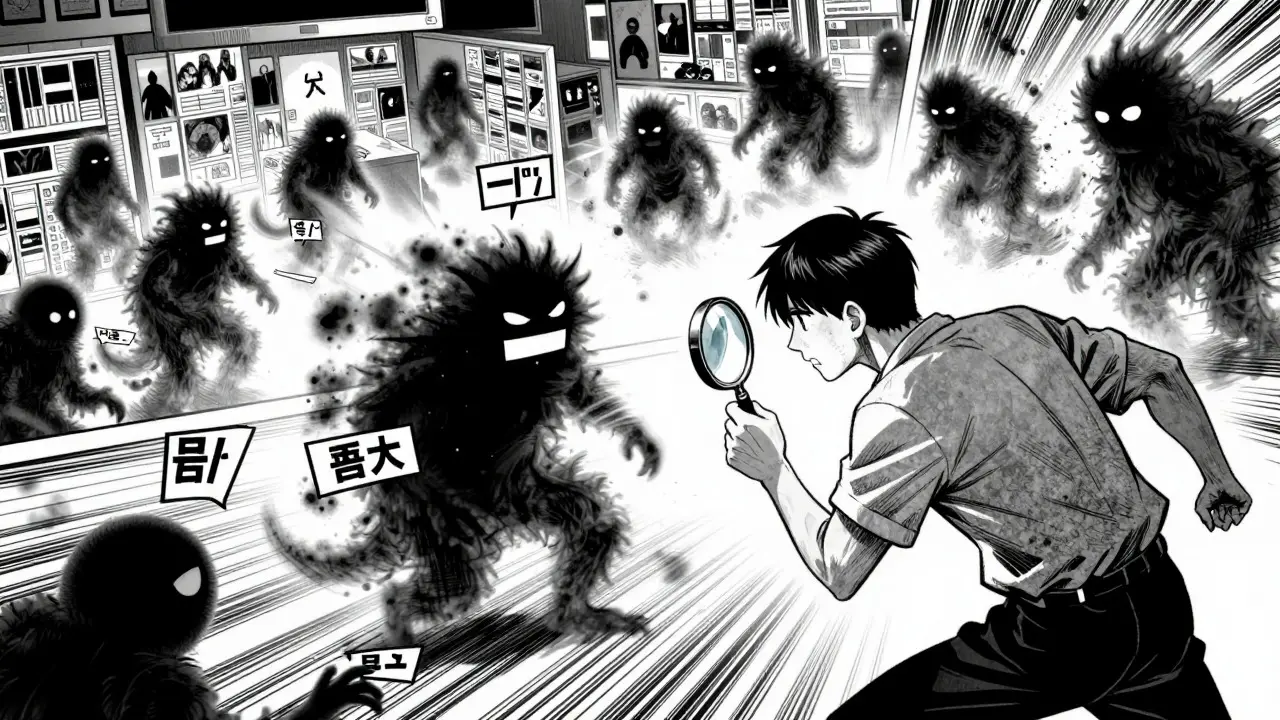 Manga character battles shadow monsters representing bad data labels